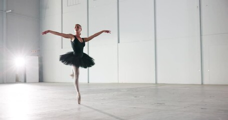 Woman, performance and ballet dancing in studio for practice or training for competition or practical exam and creative routine. Girl, graceful and elegant art for storytelling, spinning and movement