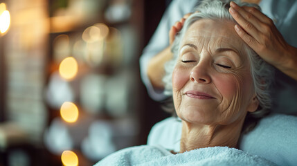 Fototapeta premium An elderly woman is relaxing in a spa.