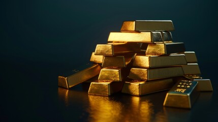 Pure Gold Bars Piled Realistically Against a Dark Background, Generative AI.