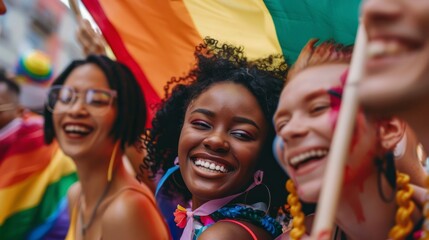 Fototapeta premium group of people of different ethnicities with the LGBT flag giving each other a hug