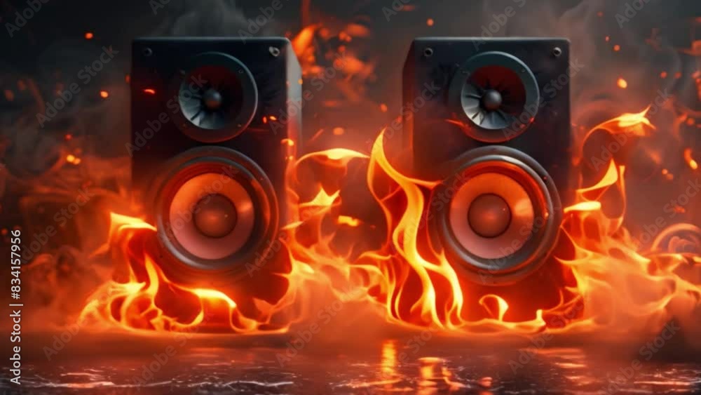 Poster two speakers engulfed in flames against a dark background, creating a dramatic and intense atmospher