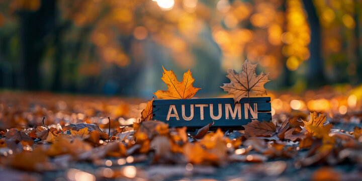 Autumn leaves on the ground with a sign that says Autumn