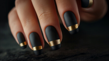 A close-up of nails with elegant matte finish and gold accents, matte nails, hd, with copy space