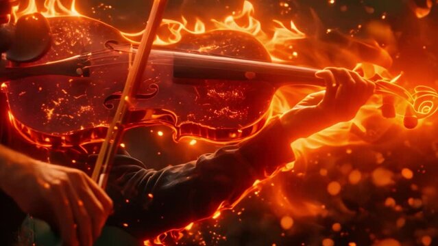 A violinist passionately plays a burning violin in an outdoor concert at night, creating a dramatic effect with the glowing flames enveloping the instrument.