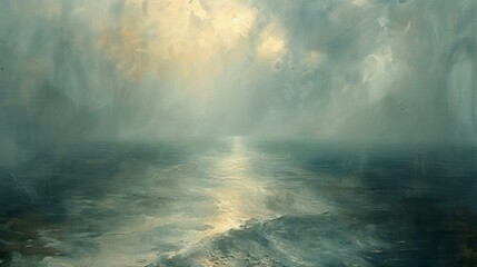 abstract painting of stormy sky, soft and subtle colors, atmospheric, atmospheric light, wide angle, on empty floor in gallery space