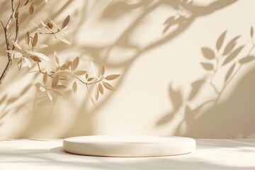 Mock up with round podium stone textured pedestal with natural soft shadow from leaves on beige background for product presentation or showcase