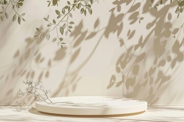 Mock up with round podium stone textured pedestal with natural soft shadow from leaves on beige background for product presentation or showcase