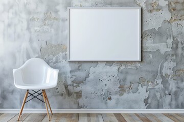 Empty wooden frame mock up on a white wall with a modern chair. Scandinavian home minimalist interior design concept for design and print