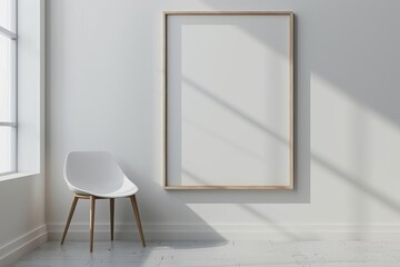 Empty wooden frame mock up on a white wall with a modern chair and window from left. Scandinavian home minimalist interior design concept for design and print