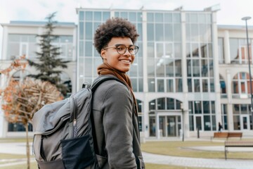 Student with a backpack standing library studying university campus scholarship internship study exam week college international programme erasmus school young academic books graduation education