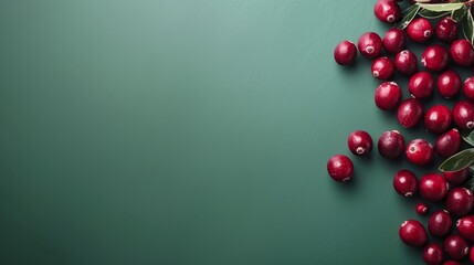Fresh and sweet cranberries on a turquoise green background. Top view and copy space
