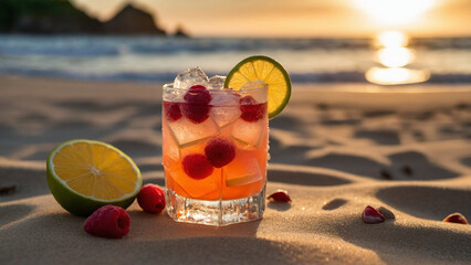 Cold cocktail on the beach, close-up shot with tropical flavors