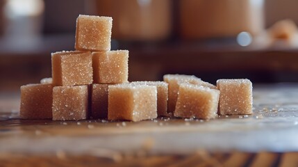 Brown Sugar Cubes Stacked On A Countertop Table Close Up View (Generative AI)
