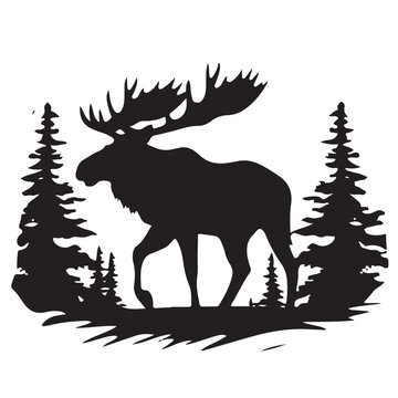 black moose silhouette walking forest scene