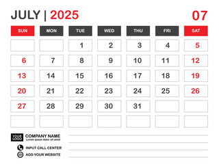 Calendar 2025 template, July 2025 layout, Desk calendar 2025 year, Wall calendar design, Week starts on sunday, Planner, Printing media, poster, organizer, advertisement, Red background, vector