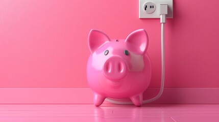 Pink piggy bank plugged into an electrical outlet with a pink background, representing concepts of financial growth, savings, and energy. Business concept. 