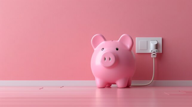 Pink piggy bank plugged into an electrical outlet with a pink background, representing concepts of financial growth, savings, and energy. Business concept. 