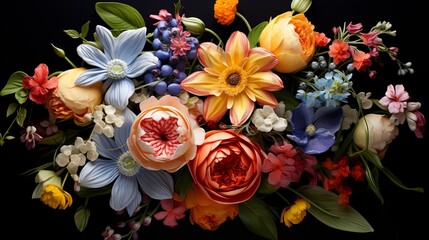 A high-resolution image of a bouquet of mixed wildflowers with vibrant colors and intricate  