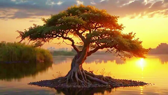 bonsai tree by the river.Seamless 4k time lapse virtual video animation background