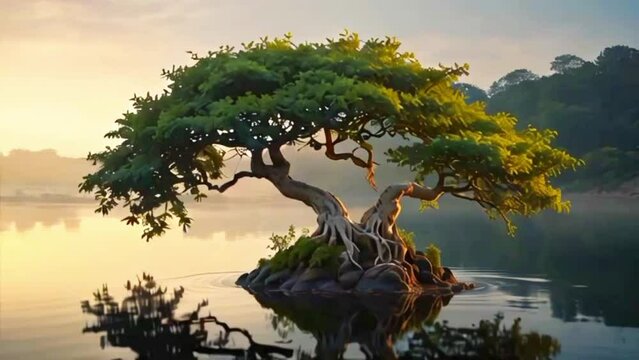 bonsai tree by the river.Seamless 4k time lapse virtual video animation background