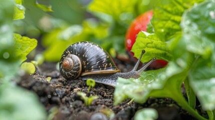 Detailed close-up of a garden snail among wet leaves and ripe tomatoes