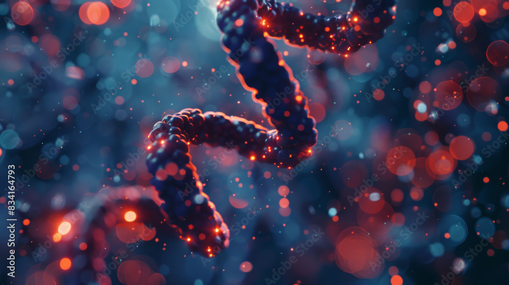 Poster digital image depicting a dna double helix with red particles floating around it