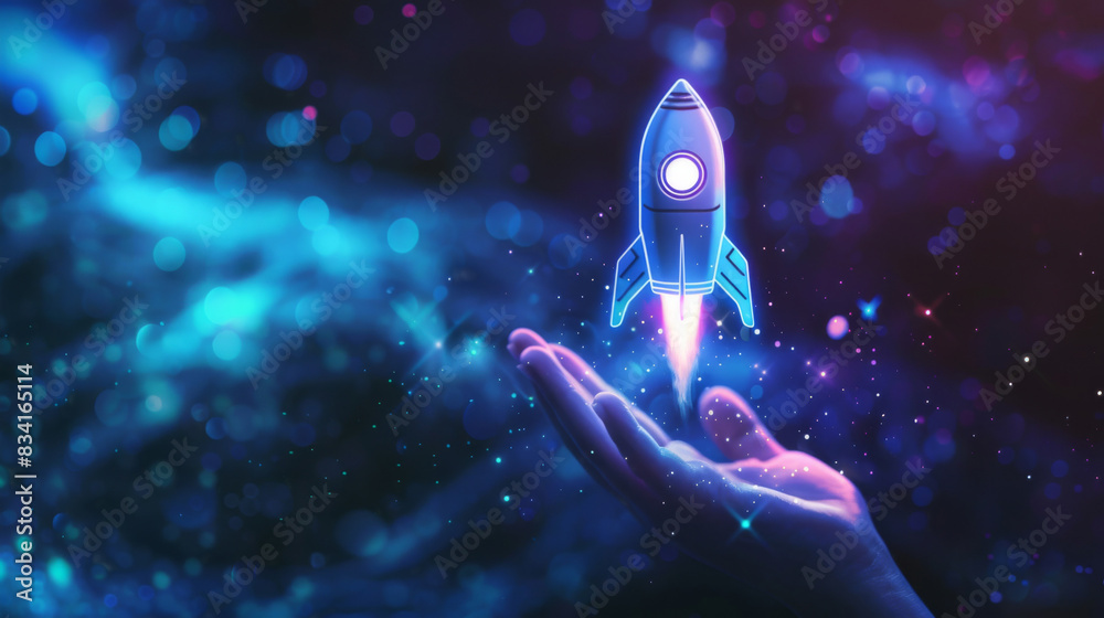 Poster a 3d digital rendering of a rocket lifting off from a hand amidst a vibrant, starry space backdrop