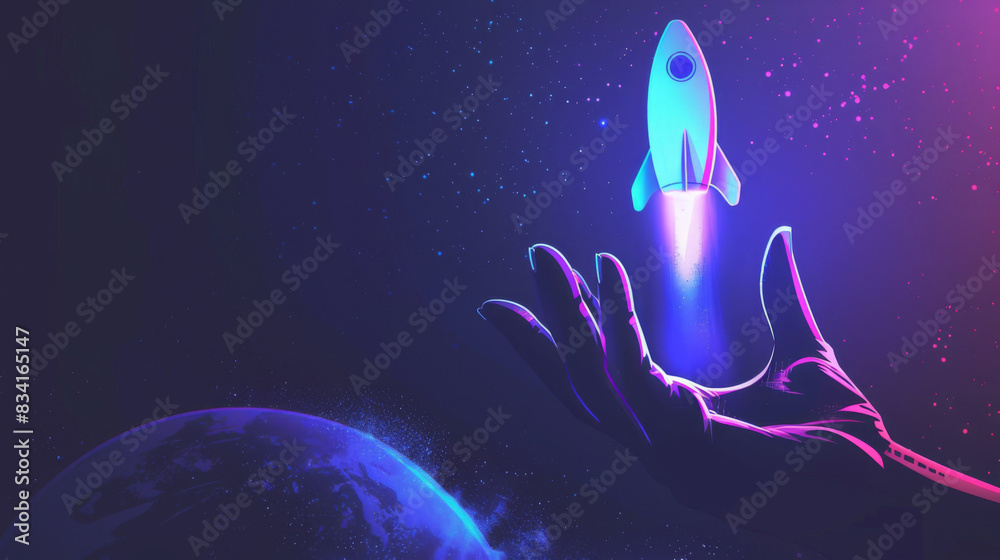 Poster Vibrant artistic representation of a hand sending a rocket into space