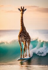 Obraz premium Giraffe surfing in the blue ocean next to white waves