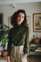 Young Woman In Green Turtleneck Sweater Inside A Room (Generative AI)