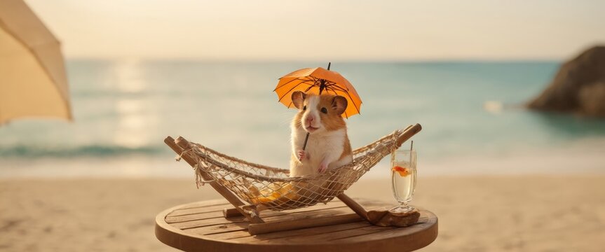 In a beach setting, a small hamster sits under an umbrella in a hammock, holding a wine glass, overlooking a body of water