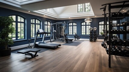 A home gym with space for yoga, weights, and cardio equipment   
