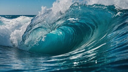 Powerful Ocean Wave Curling in Clear Blue Water. Generative AI