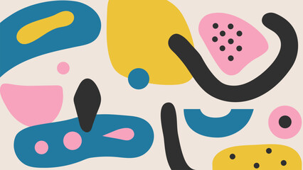Colorful artistic naive background. Creative collage with various hand drawn shapes in pink, blue, yellow and black colors