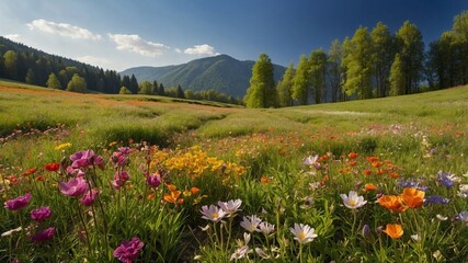 Beautiful Wildflower Meadow with Colorful Blooms and Mountain Background. Generative AI