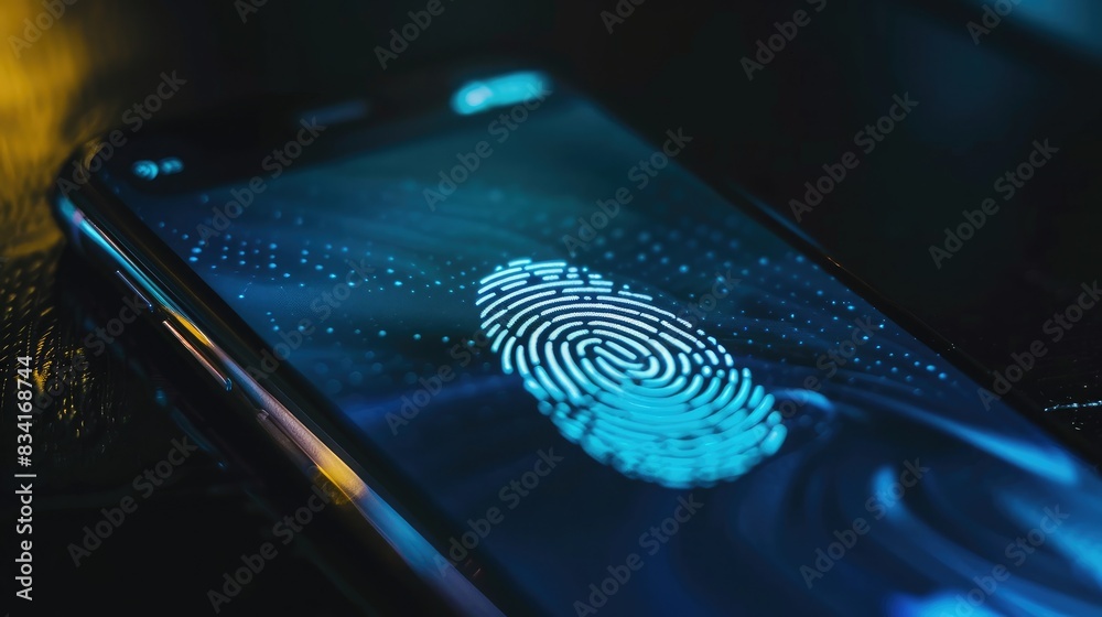 Poster close-up of a smartphone screen with a fingerprint scan for biometric security verification
