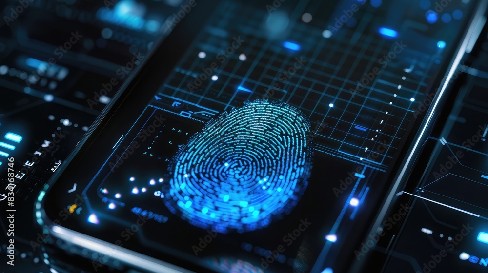 Poster close-up of a smartphone screen with a fingerprint scan for biometric security verification