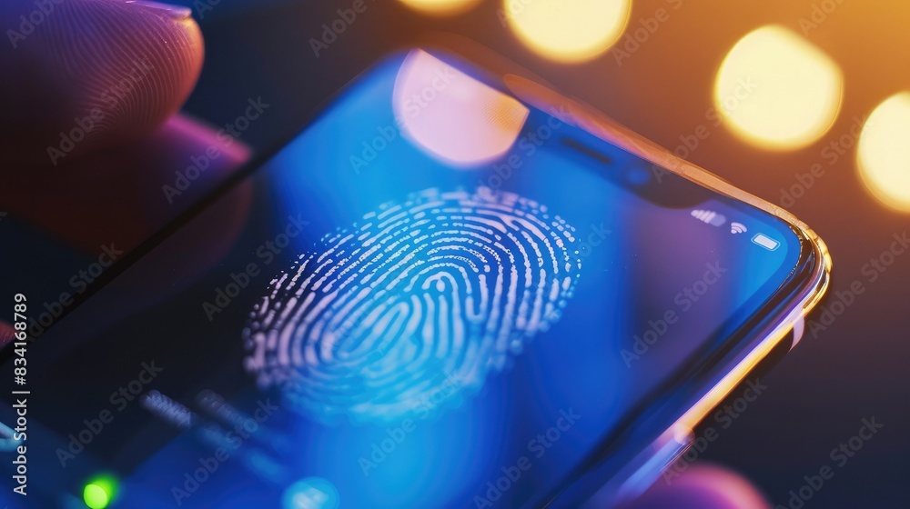 Poster close-up of a smartphone screen with a fingerprint scan for biometric security verification