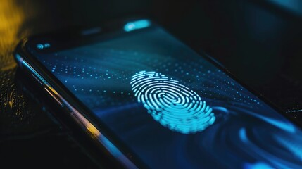 Close-up of a smartphone screen with a fingerprint scan for biometric security verification - Powered by Adobe