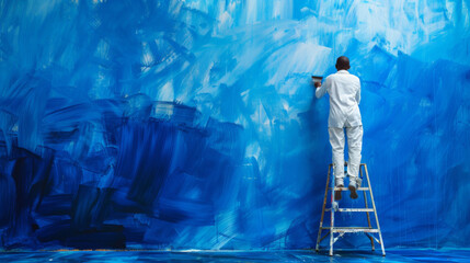Artist in white clothing creating on a large blue canvas
