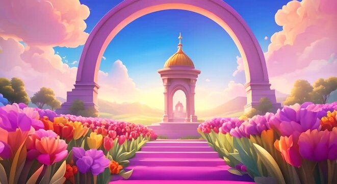 Fantasy pink arch in the middle of a vast field of pink tulips