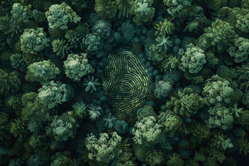 Betrayed, a top view of an endless forest with a large fingerprint-shaped garden in the center, high resolution photography, insanely detailed and intricate with fine details