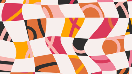 Obraz premium Colorful checkered pattern. Abstract twisted chessboard retro background. Vintage trippy design in 70s-80s hippie style. Psychedelic flow grid