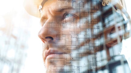 Double exposure of a building engineer's face and a detailed architectural drawing, representing vision and precision