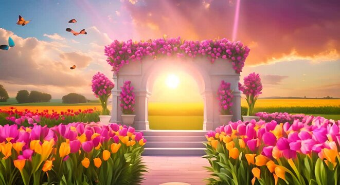 Fantasy pink arch in the middle of a vast field of pink tulips
