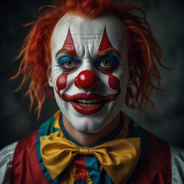 A close-up portrait of a clown with a painted-on smile, wearing a red, yellow, and blue costume.