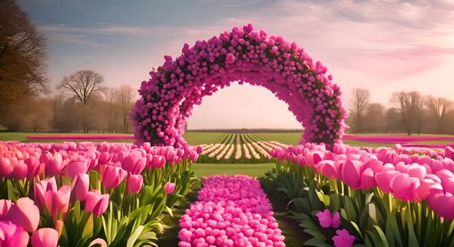 Fantasy pink arch in the middle of a vast field of pink tulips