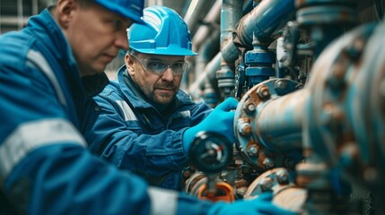 Two men in blue jackets and hard hats are working on a pipe, profession engineer