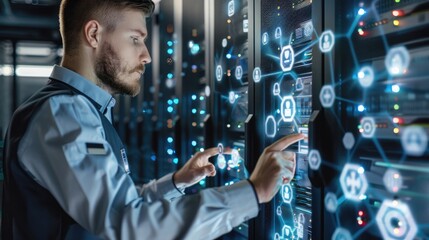 IT technician inspecting server racks with holographic security icons floating around