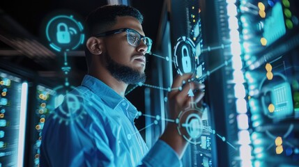 IT technician inspecting server racks with holographic security icons floating around